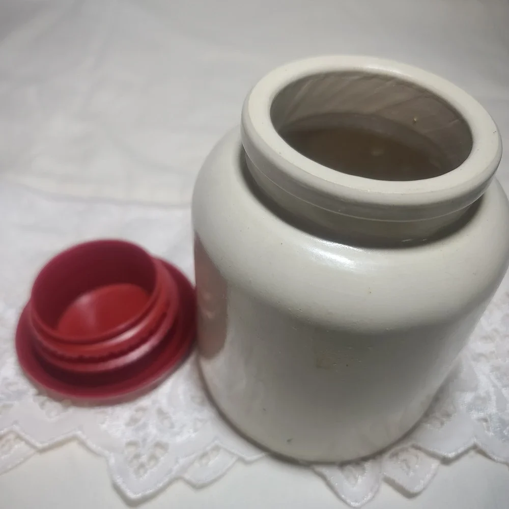 Vintage Stoneware Crock French Mustard Jar w/ Red Plastic Lid Salt Glazed Sturdy